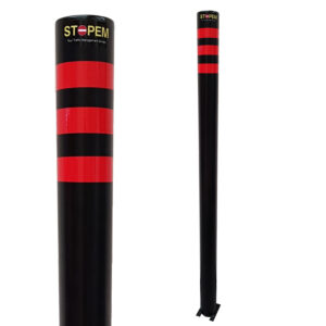 Pedestrian Steel Fixed-Security Bollard in Black with Hi-Vis Stripes